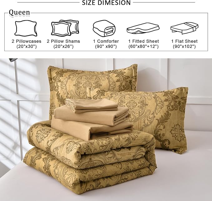 WONGS BEDDING Gold Comforter Set Queen Size, Damask Texture Design 7 Pieces Bed in a Bag Microfiber Comforter Bedding Sets -1 Comforter, 1 Flat Sheet, 1 Fitted Sheet, 2 Pillow Shams, 2 Pillowcases