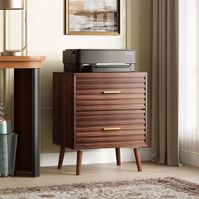 WLIVE Nightstands Set of 2, Mid Century Modern Bedside Tables with Fluted Drawers, Walnut Wood End Table with Storage for Bedroom, Accent Furniture