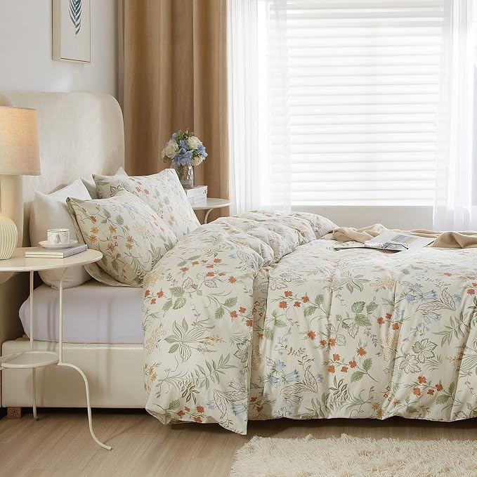 mixinni Floral Duvet Covers King Size Botanical Flower Leaf Printed on White Bedding Duvet Cover Set with Zipper Closure Ties for Him and Her 1 Duvet Cover with 2 Pillowcases-(3pcs, King Size)
