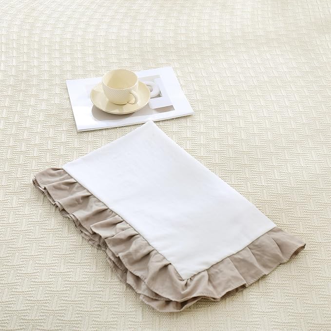 Merryword Taupe Pillow Shams White and Taupe Reversible King Pillowcases Cute Pillow Cover Set of 2 Soft Shabby Chic Ruffled Pillowcases 2 Pack (King (20''x36''), White Taupe)