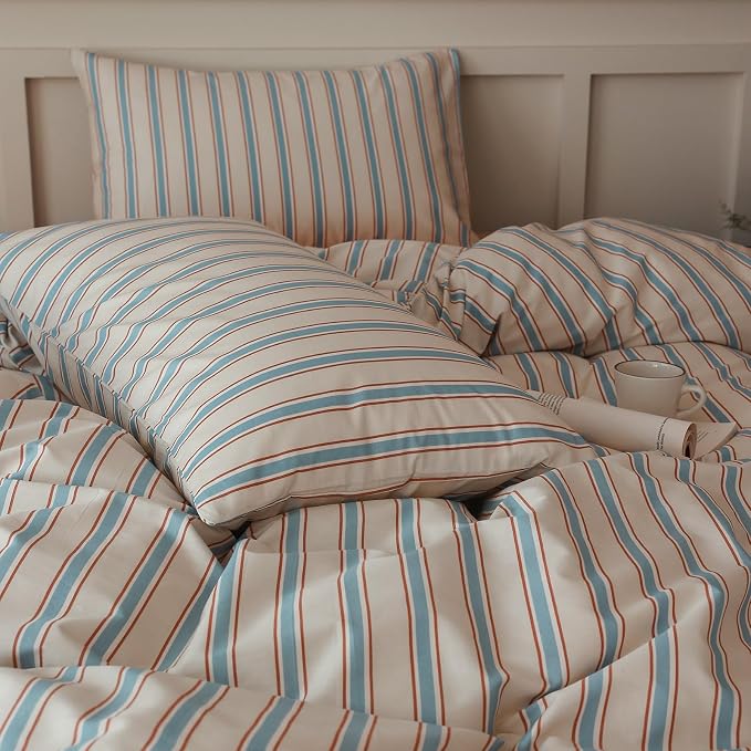 Striped Comforter Set King Size, 3 Pieces Lightweight Striped Bedding Comforter Set, Fluffy Soft Blue Brown Stripes Pattern Printed Bedding Set, Breathable King Size Comforter with 2 Pillowcases