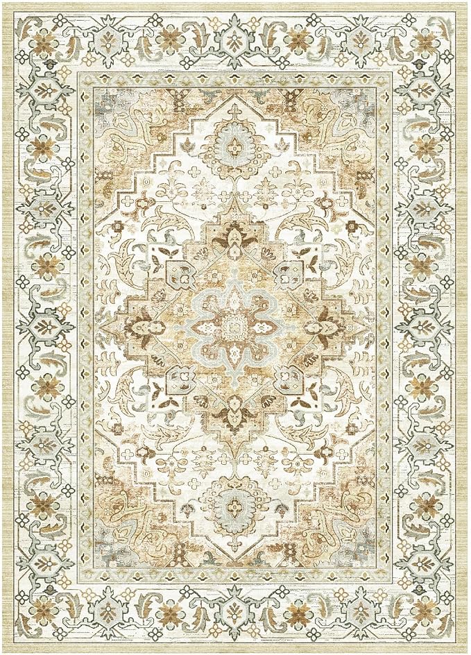 8 x 10 Area Rugs for Living Room, Washable Bedroom Large Rug, Beige | Boho Low Pile Rug for Dining Room, Floral Medallion Vintage Carpets with Non-Slip Backing, Kids Pet Friendly, Fit All Vacuums