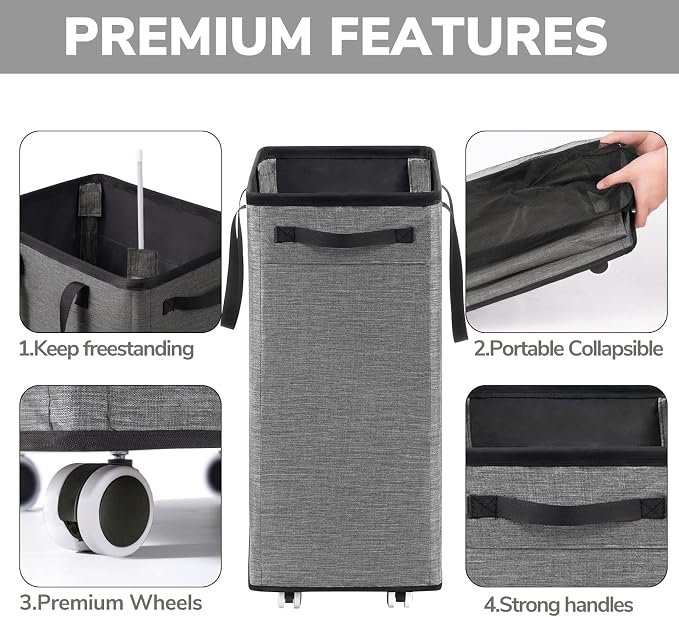 Goodpick 75L Laundry Basket with Wheels & Removable Wash Bag for Dorm | Rolling Laundry Hamper with Handle for Dirty Clothes, Fodable Hamper for College Dorm, Laundry Hamper on Wheels, Light Grey