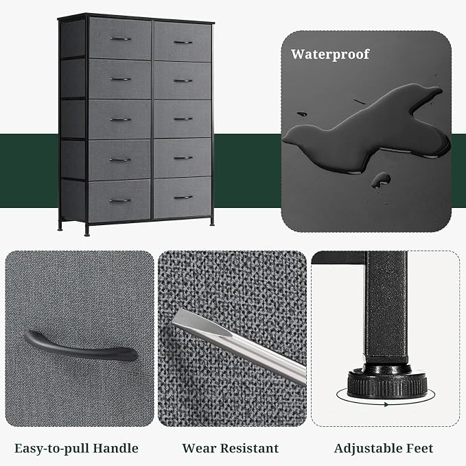 10-Drawer Dresser for Bedroom, Anti-Tip Tall Storage Organizer | Chest of Drawers with Wooden Top and Metal Frame Fabric Bins for Closet, Living Room, Hallway, Entryway, Gray