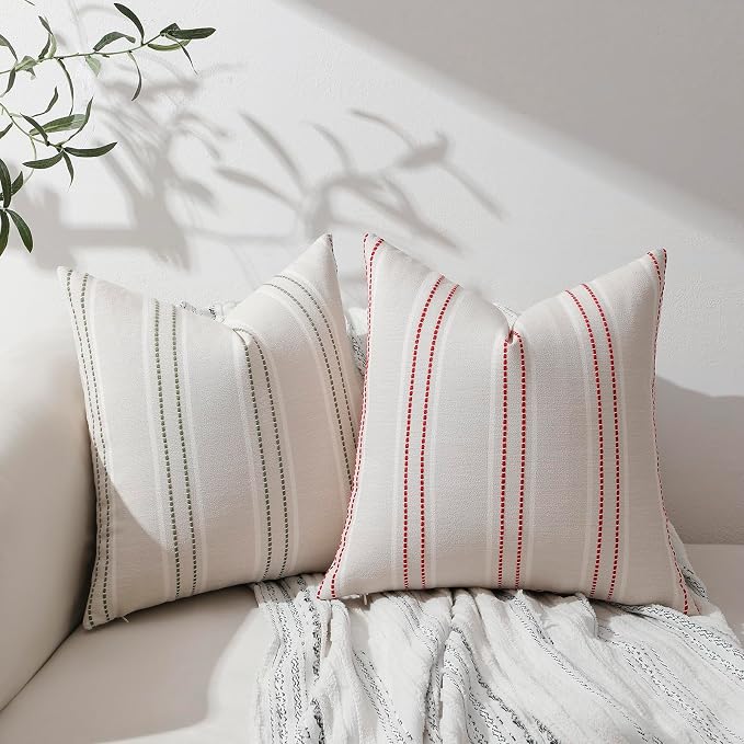 Hckot Sage Green Throw Pillow Covers 16x16 Set of 2 Striped Pillow Covers Christmas Decorative Pillows Square Cushion Covers for Sofa Couch Bed Living Room Farmhouse Decor, Green