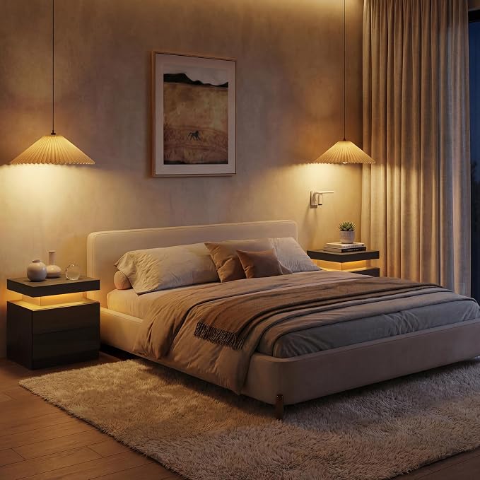 i-aplus LED Nightstand with Wood 2 Drawers Modern Bedside Table for Bedroom | Nightstands with App-Controlled RGB LED Lights, Night Stand with Storgae Drawer, Modern Bedside Table for Bedroom