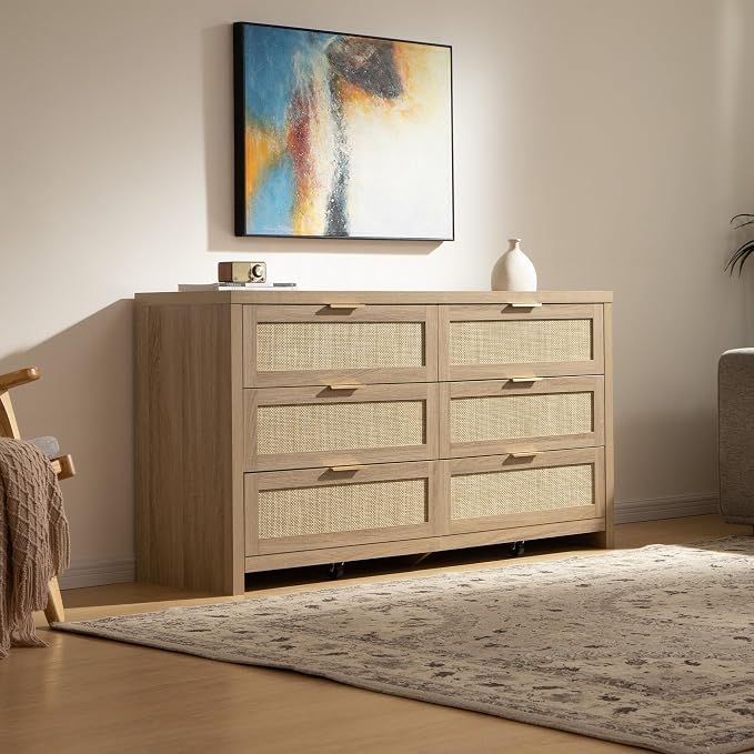SICOTAS Rattan Dresser for Bedroom, 57" Wide 6 Drawer Dresser | Dressers with Ample Storage, Large Chest of Drawers, Closet, Boho TV Stand for Bedroom, Reclaimed Light Oak, 1 Piece