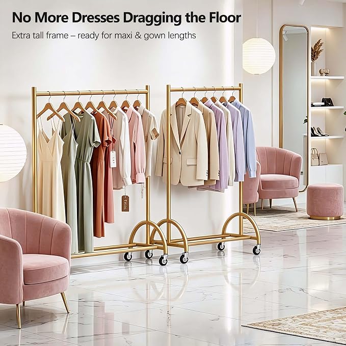 MISSLO Heavy Duty Clothing Rack with Wheels Rolling Clothes Racks for Hanging Clothes, Coats, Garment, Dress, Gold (Pack of 2)