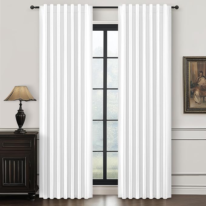 Brilliant White Linen Textured Blackout Curtains 108 Inches Long for Bedroom 2 Panels, Luxury Floor to Ceiling Pleated Drapes for Sliding Glass Doors Thermal Insulated Windows Curtains Rod Pocket