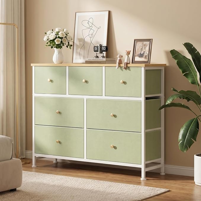 OLIXIS 7 Drawer Fabric Dresser, Storage Tower for Bedroom and Closet | Easy-Pull Bins for Closet Organizers, Chest of Drawers with Steel Frame & Wooden Top for Living Room, Entryway, Light Green