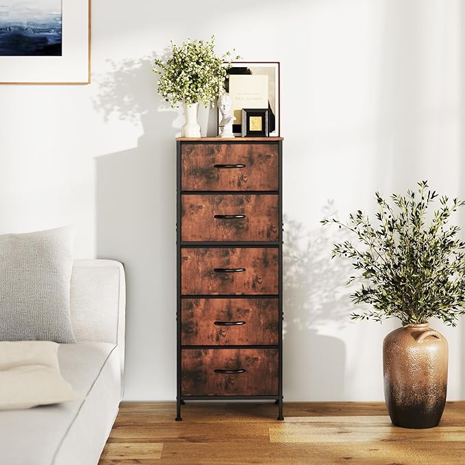 Sweetcrispy 5 Storage Drawer Bedroom Dresser, Tall Dresser for Organizer | Chest of 5 Drawers for Home Storage, Narrow Nightstand, Durable Clothes Oragnizer, Sturdy Frame and Wooden Top, Brown