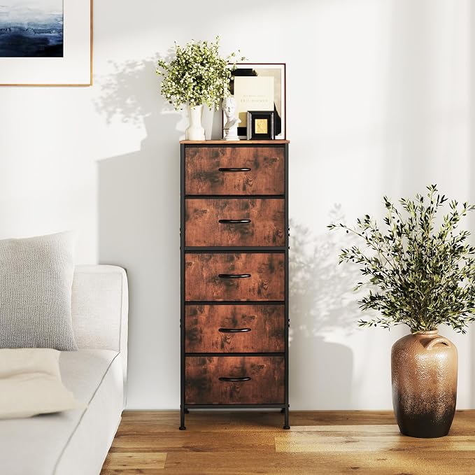 DUMOS Nightstand with 5 Fabric Drawers, Skinny Dresser | Night Stand Bedside Table, Removable Bins, Sturdy Steel Frame Wood Top, Storage Tower for Bedroom Closet, Rustic Brown
