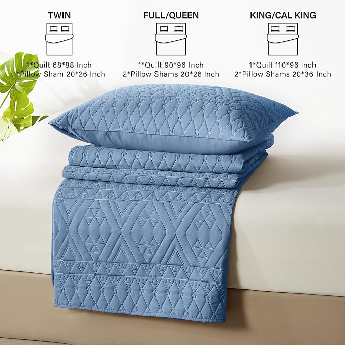 akkialla Twin Quilt Set, Boho Style in a Solid Color, Bluish Grey Lightweight Microfiber Bedspread, Soft and Breathable Coverlet for All Seasons, 2-Piece Bedding Set (1 Quilt, 1 Pillow Sham)