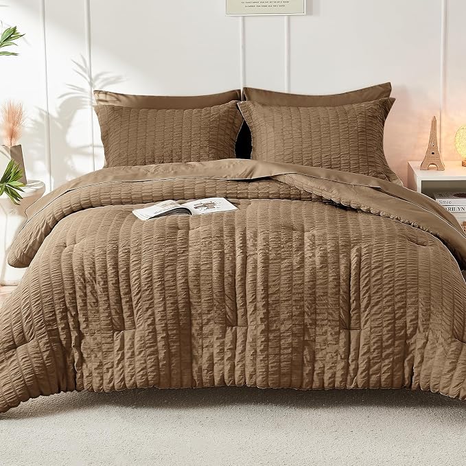 HYMOKEGE Brown Oversized Queen Comforter Set Seersucker 7 Pieces, All Season Luxury Bed in a Bag for Bedroom, Bedding Set with Comforter, Sheets, Pillowcases & Shams