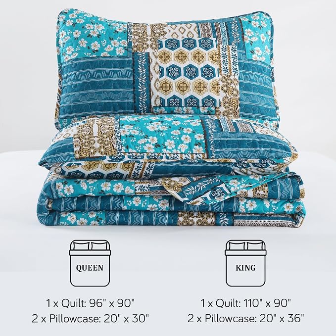 Mybedsoul Boho King Quilts, Patchwork Bedding Set, Dusty Blue | Soft Lightweight Microfiber Floral Coverlet Set, 3 Pieces Plaid Bedspread, Reversible Bed Sets for All Seasons 90"x110"
