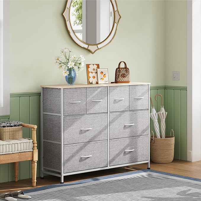WLIVE Wide Dresser for Bedroom, 8 Drawer Chest of Drawers, Light Grey | 8 roomy fabric drawers, Wide storage design, Bedroom or closet use, Sturdy steel frame, Smooth wood tabletop