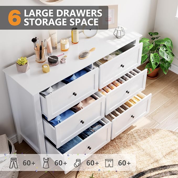 Garvee White 6-Drawer Dresser for Bedroom, 41.7" L Entryway Storage Drawers | Modern Lacquered Chest of Drawers, 15.8"D x 41.7"W x 31.5"H, Storage Dresser with Deep Drawers for Hallway Entryway