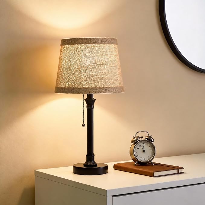 19.5" Small Table Lamps Set of 2 for Living Room Bedroom, USB A+C | Pull Chain Switch Rustic Bedside Table Lamps, Natural Shade, Small Farmhouse Nightstand Lamp for End Table & Desk Light