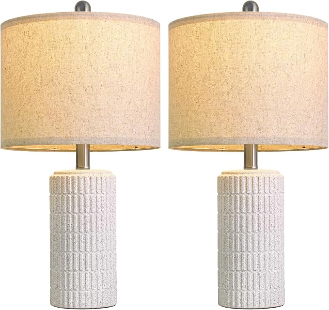 PoKat 20.75" Stone-Like Farmhouse Ceramic Table Lamps Set of 2 for Bedroom, White Bedside Lamps for Night Stands, Matte-Textured Decor Nightstand Table Lamps for Living Room End Table White