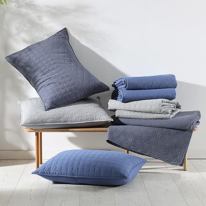 HORIMOTE HOME Denim Blue Twin Size Quilt Set - Soft Microfiber Bedspread with 1 Sham, Lightweight & All-Season Geometric Coverlet for Cozy Bedding