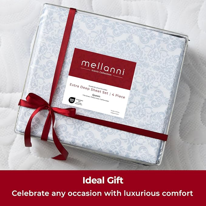 Mellanni Iconic 4-Piece, Ultra Soft Sheet Set (Queen, Laced Sky Blue) | 10M+ Sleepers. Lab-tested: Sleeps Cool, Stays Bright, Strong, Smooth. Good Housekeeping Best Bedding, 7 yrs running.