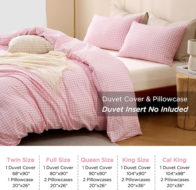 TOCOMOA Pink Gingham Duvet Cover Bedding Set Washed Cotton Like Linen, Full | 100% Washed Cotton Linen-Like Feel Soft, Breathable & Comfy. Lightweight Bedding Set with Zipper & 8 Ties. 3 Pcs, No Insert