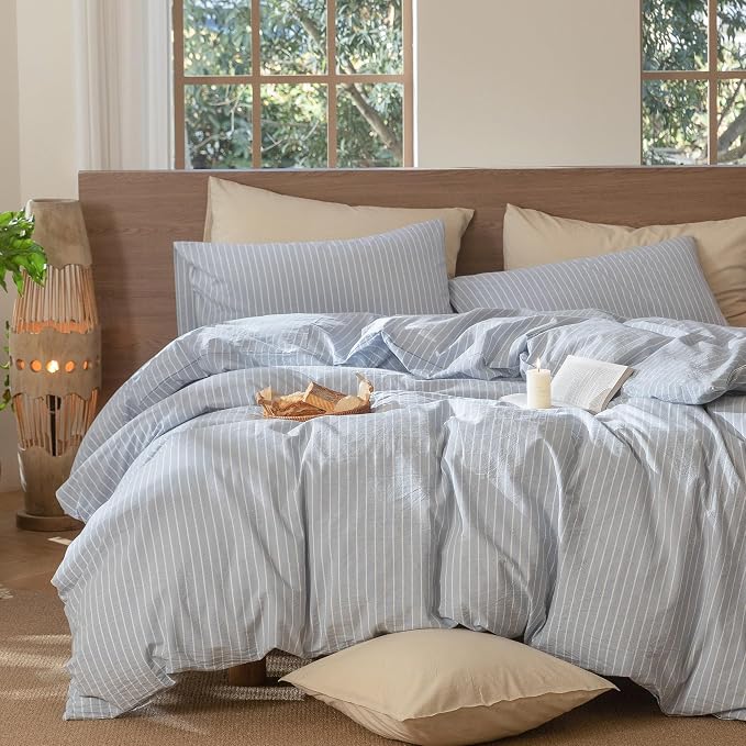 MooMee Striped Duvet Cover Set 100% Washed Cotton Linen Like | Relaxed Linen-like Texture. Soft, Breathable & Long-lasting Comfort. Lightweight. Hidden Zipper with 8 Interior Corner Ties
