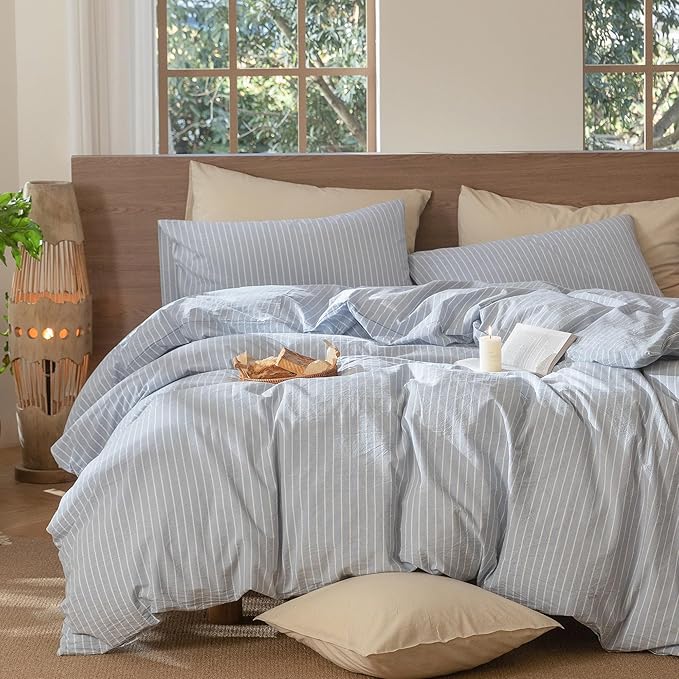 MooMee Striped Duvet Cover Set 100% Washed Cotton Linen Like Twin | Relaxed Linen-like Texture. Soft, Breathable & Long-lasting Comfort. Lightweight. Hidden Zipper with 8 Interior Corner Ties