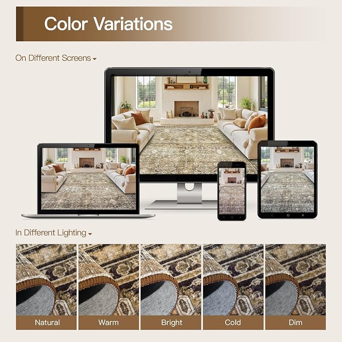 10x14 Area Rugs for Living Room, Non-Slip Washable Brown Large Carpet | Soft Area Rugs for Bedroom, Dining Room, Home Office Indoor Nursery, Stain Resistant, Low Pile, Vintage Distressed Rug