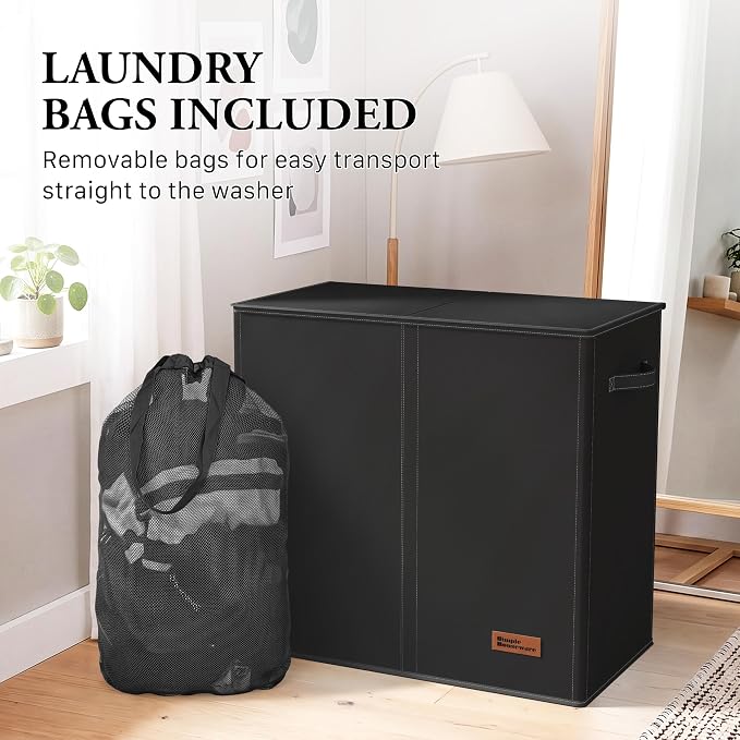 Simple Houseware Double Laundry Hamper with Lid & Removable Bags, Black | Heavy Duty 600D Polyester, Water-Resistant Surface