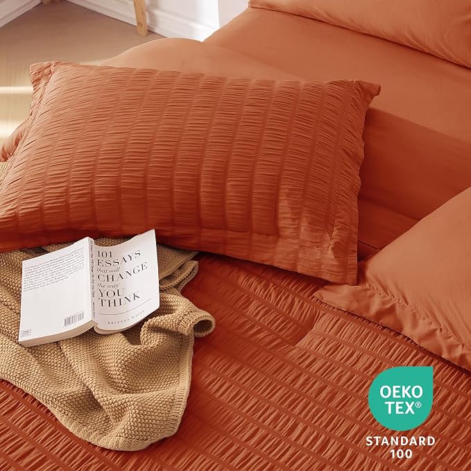 7 Pieces Oversized King Comforter Set, Seersucker Bed in a Bag Oversized King Size, All Season Luxury Bedding Set with Comforter, Flat Sheet, Fitted Sheet, Pillowcases & Shams, Burnt Orange