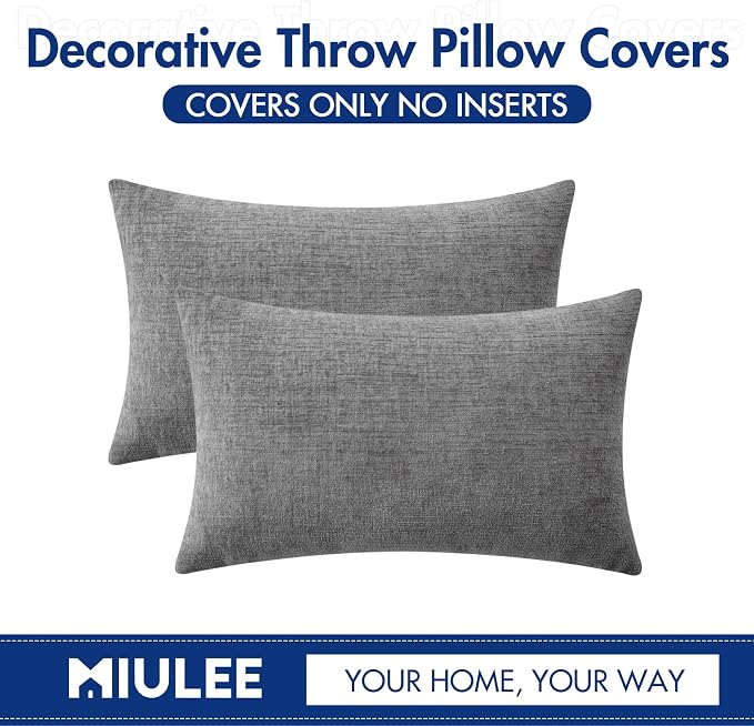 MIULEE Soft Chenille Lumbar Throw Pillow Covers Dark Gray 12x20 Pack of 2 | Modern Home Decor, Classic Decorative Pillows, Solid Dyed Cases, Boho Couch Cushion Covers for Sofa Bed Living Room