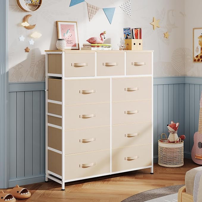 WLIVE Tall Dresser for Bedroom, 11 Drawer Chest of Drawers, Cream White | 11 fabric storage drawers, Tall high-capacity design, Bedroom or dorm use, Sturdy steel frame, Smooth wood tabletop
