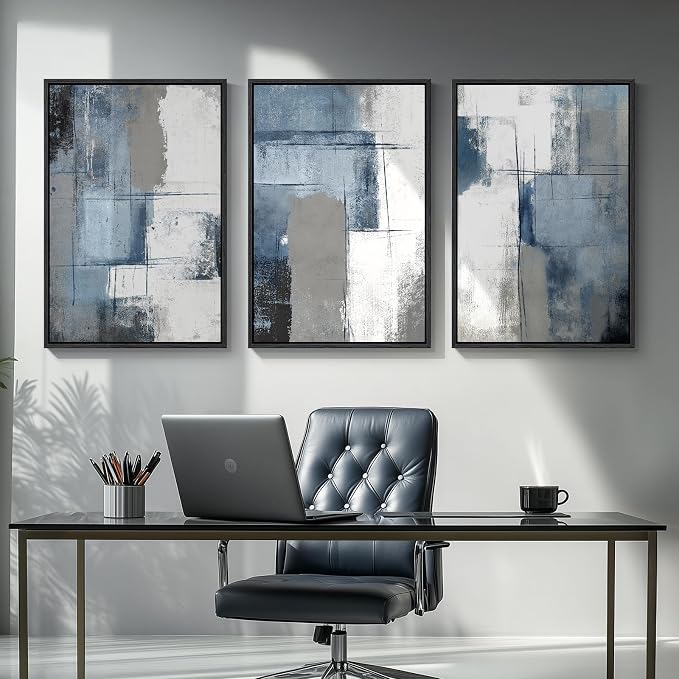 Large Framed Blue and Gray Abstract Wall Art for Living Room, 3 Piece 24x36 | Minimalist color block pictures, Canvas prints, Solid wood frame, Modern paintings, Wall decor for hallway office bedroom