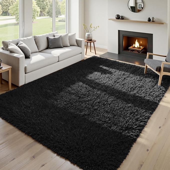 9x12 Fluffy Shag Area Rugs for Living Room Bedroom: Soft Plush Carpet Black | Upgraded Non-Slip Thick Memory Foam, Ultra Soft, Non-Shedding Fuzzy Carpet, Easy Clean Decor for Kids Room, Nursery, Playroom