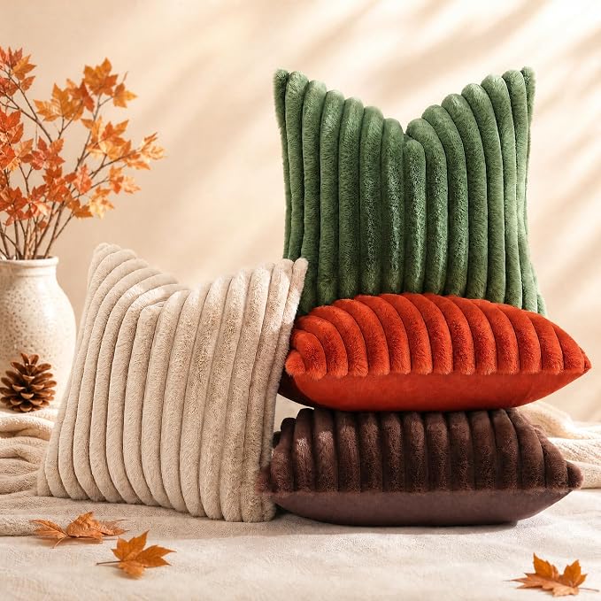 decorUhome Fall Faux Fur Throw Pillow Covers 16x16 Set of 2 Rust | Decorative Soft Cozy Striped Plush Modern Farmhouse Boho Couch Pillow Cases Velvet Back for Sofa Bed Living Room Home Decor