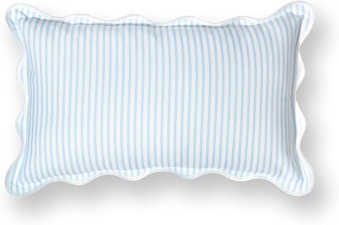 Hofdeco Premium Coastal Patio Indoor Outdoor Scalloped Lumbar Pillow Cover Only, 12"x20" Water Repellent for Backyard, Couch, Baby Blue Print Stripes