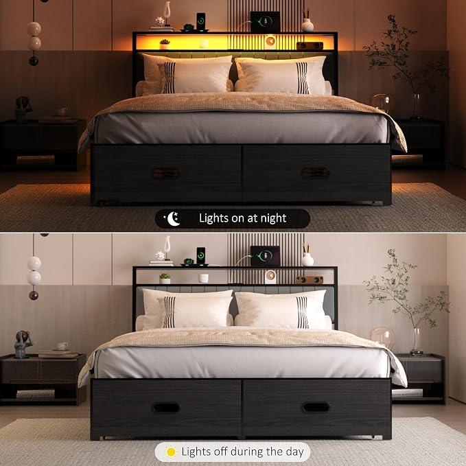 Queen Bed Frame with 2 Drawers, Platform Bed Frame with LED Lights and Charging Station, Upholstered Headboard, Heavy Duty Metal Slats, No Box Spring Needed, Noise Free, Easy Assembly