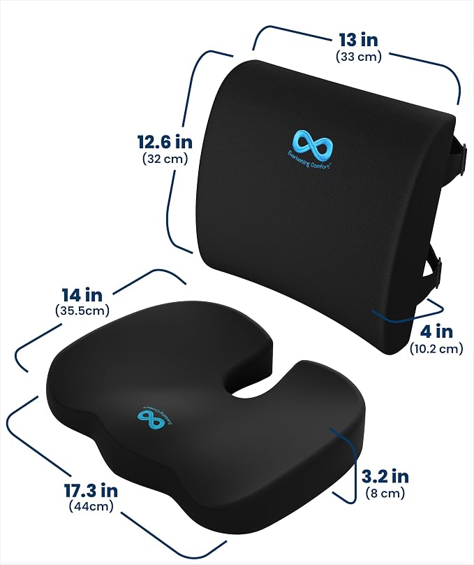 Everlasting Comfort Doctor Recommended Memory Foam Seat Cushion for Office Chairs & Car - Ergonomic Office Desk Accessories - Cushions for Tailbone Pain Relief, Sciatica (Black Airflow Lumbar, Large)