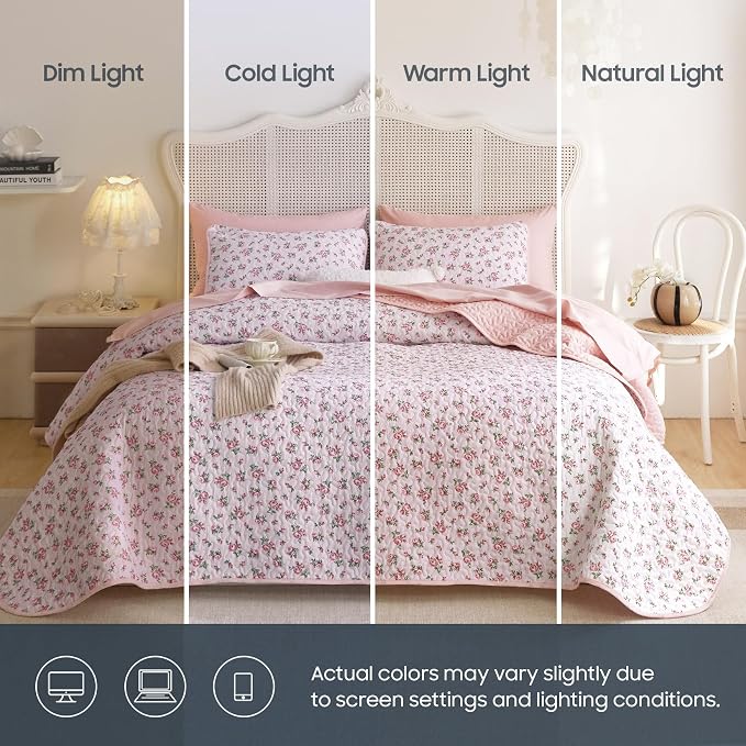 Wake In Cloud - Floral Quilt Set, Coquette Cottagecore Shabby Chic Flower Pattern for Women Teen Girls, Reversible Lightweight Bedspread Coverlet, 3 Pieces, Pink, King Size