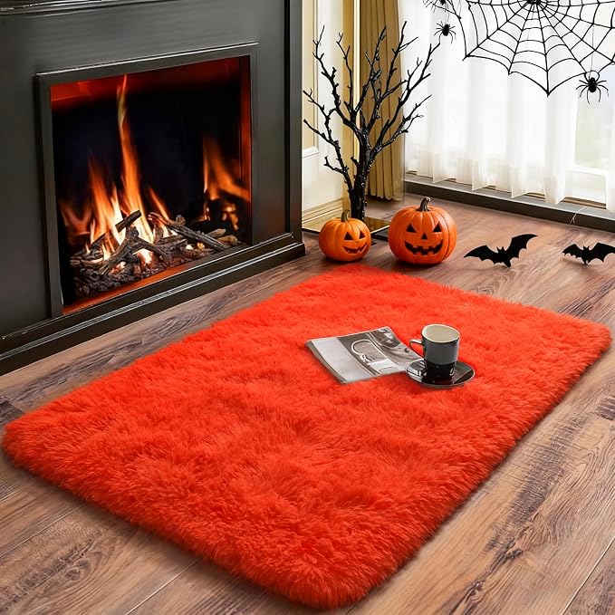 Fluffy Rug Shaggy Area Rug, Orange Red 2x3 Small Rugs for Fireplace Holiday Dearations, Mini Fuzzy Plush Kids Bedside Rug, Soft Non-Slip Entryway Throw Rugs Shag Catpet for Living Room