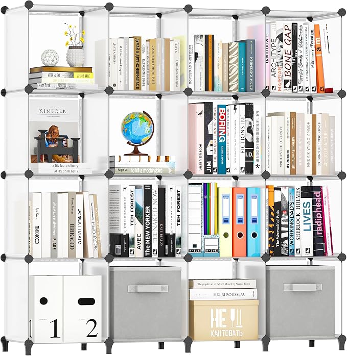 HOMIDEC Closet Organizers and Storage, 16 Cube Storage Organizer | Closet Organizer Bookshelf Cubes Shelves for Clothes, Bedroom, Kids Room, Bathroom, Wardrobe, Garment Racks, Transparent