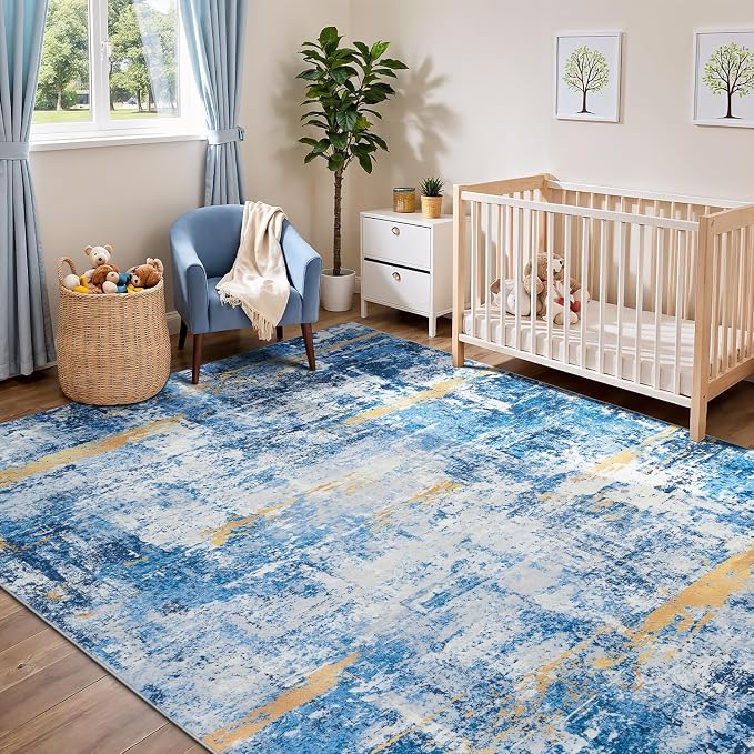 Rugflix 8x10 Area Rugs for Living Room, Washable Sky Blue Gold Large Rug | Machine Washable; Stain-Resistant; Low Pile; Non-Slip; Modern Abstract; Carpet for Bedroom Dining Office Nursery Home