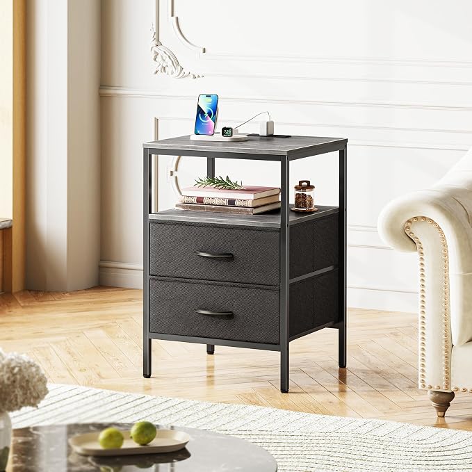 Huuger Night Stand with Charger Station, 27.7 Inch Tall Nightstand | Bed Side Table with 2 Fabric Drawers, Side Table for Bedroom, End Table for Living Room, Couch, Grey