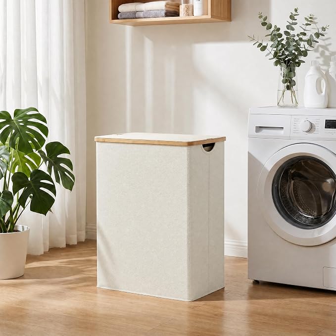 efluky Laundry Hamper with Lid, Double Laundry Basket with 2 Removable Bags, 2 Section Laundry Bin with Bamboo Handles for Bathroom, Bedroom & Laundry Room, 170L (44.9 Gallon) Beige