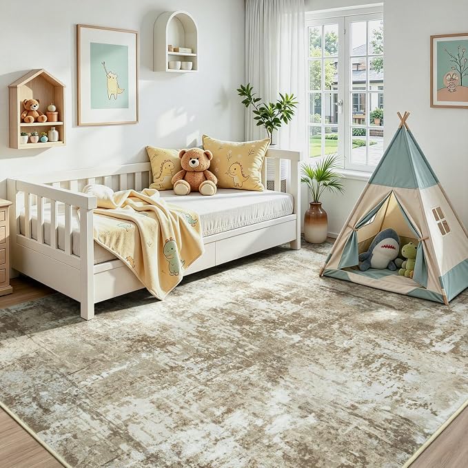 Rugflix 5x7 Area Rugs for Living Room, Washable Brown Large Rug | Machine Washable; Stain-Resistant; Low Pile; Non-Slip; Modern Abstract; Carpet for Bedroom Dining Office Nursery Home