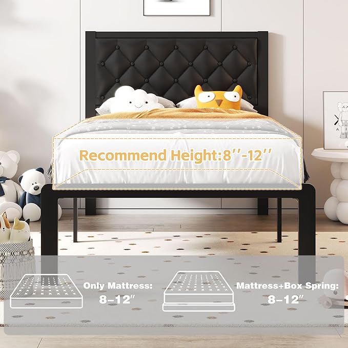 Fluest Twin Bed Frame with Headboard PU Leather Upholstered Bed Frame Platform,All Metal Slats Support Platform Bed Frame with Storage Space,Easy Assembly,Noise Free,No Box Spring Needed,Black