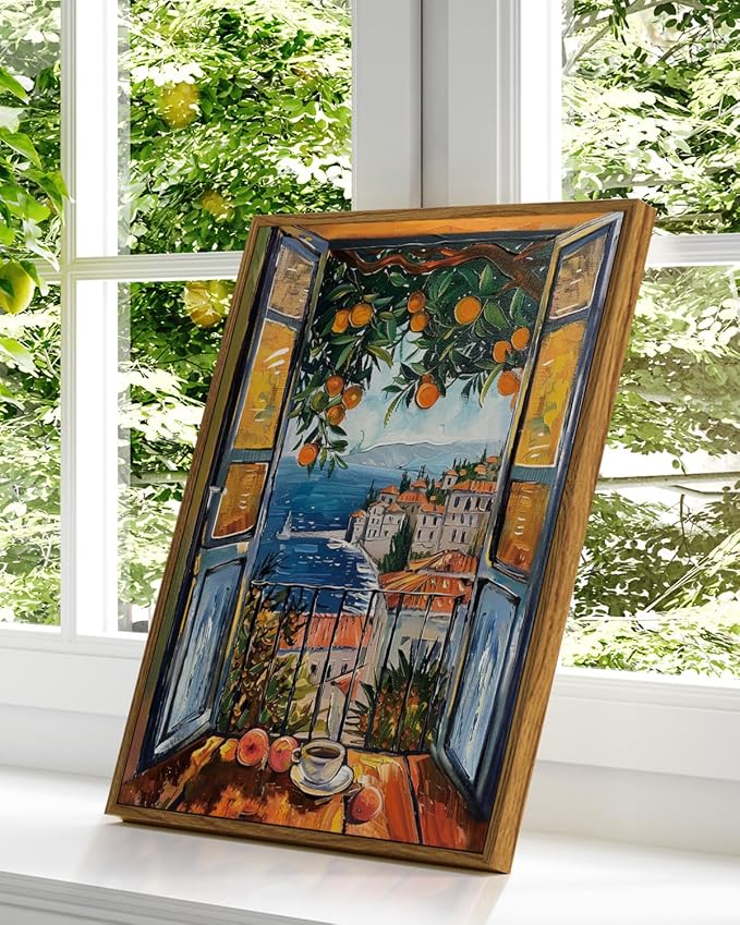 Coastal Framed Canvas Wall Art 12x16 Ocean View with Coffee and Orange Tree, Mediterranean Summer Balcony Window Landscape Artwork Seascape Painting, Beach House Living Room Bedroom Décor