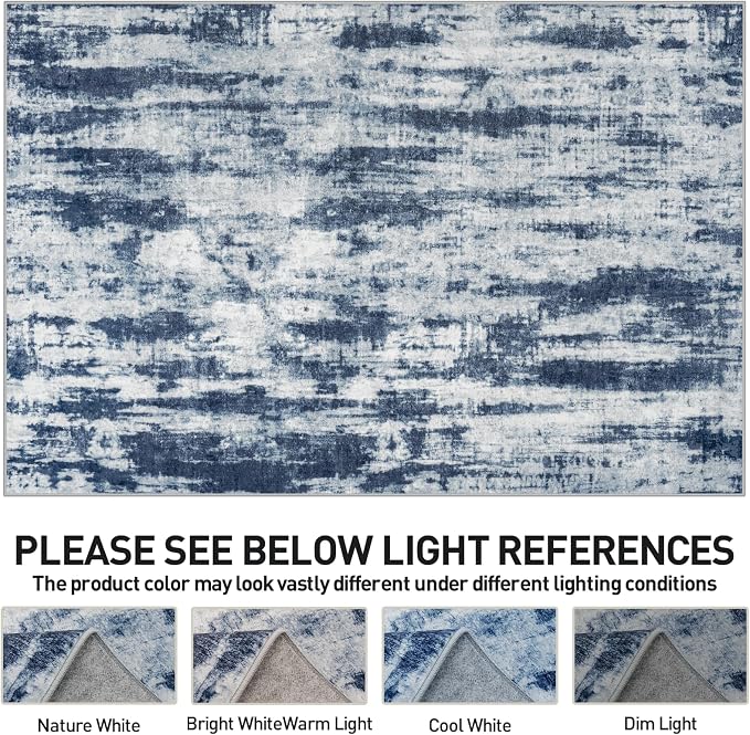 9x12 Area Rugs for Living Room: Washable Abstract Blue Grey Badroom Carpet | Non-slip TPE backing makes this washable soft low-pile rug safe & durable, Pet-friendly decor for dining room,nursery,office