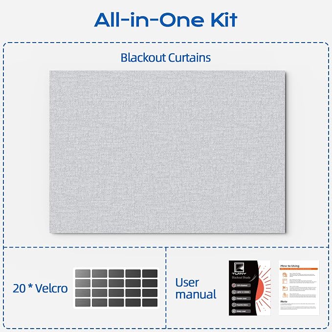 Linen Blackout Curtains for Bedroom, 70" x 58" Portable Blackout Blinds | 100% Blackout Window Cover with Hook&Loop Strip, Temporary Blackout Shades, Blackout Window Film for Nursery Travel RV- Gray